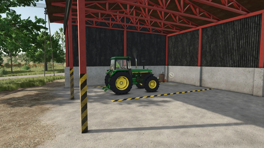 Farming Simulator 25 mod: John Deere tractor parked in a repair shed, part of the Repair Place v1.0.0.0 mod for FS25.