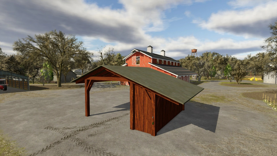 Farming Simulator 25 mod: Shelter v1.0.0.0, wooden farm storage structure in the game.