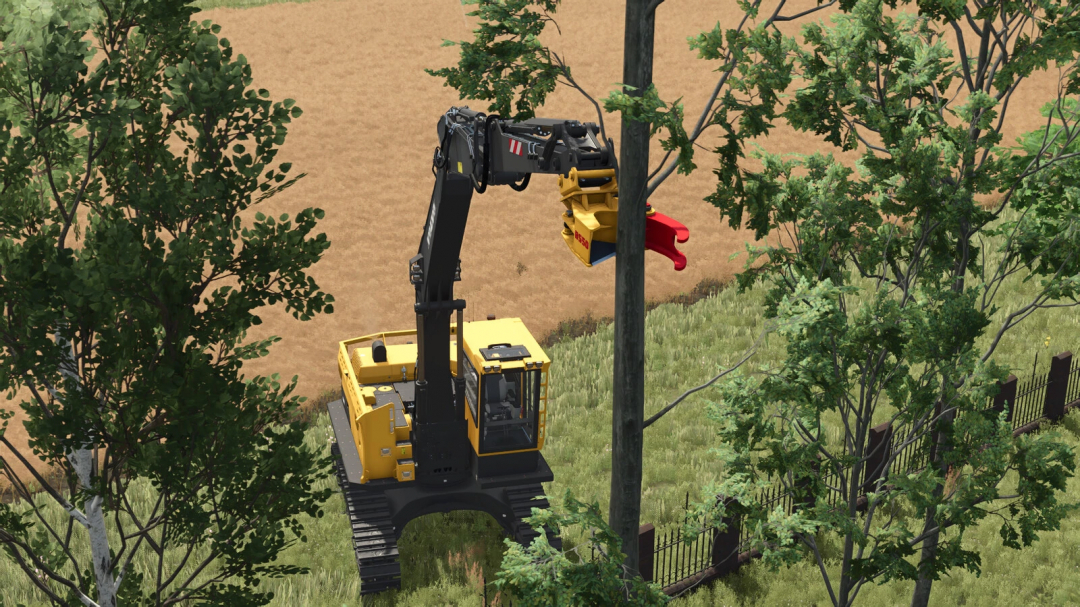 Farming Simulator 25 mods: a tree shear attachment for logging forestry tasks, shown on a yellow excavator working on a wooden utility pole.