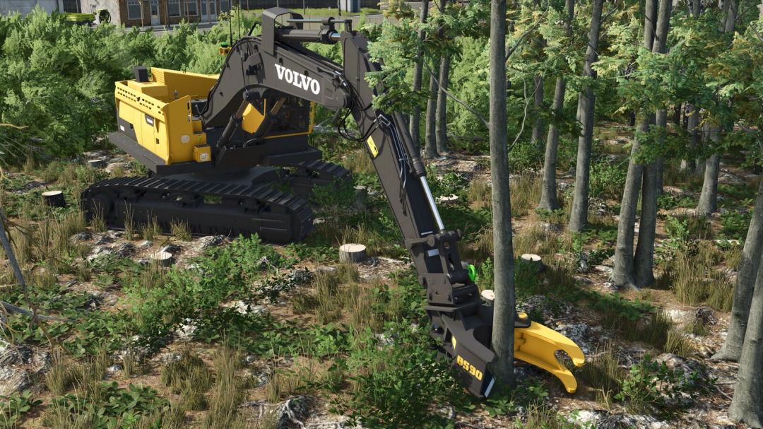 Forestry tree shears attached to a loader in Farming Simulator 25, used for cutting and handling trees with the Tree Shears Pack mod.