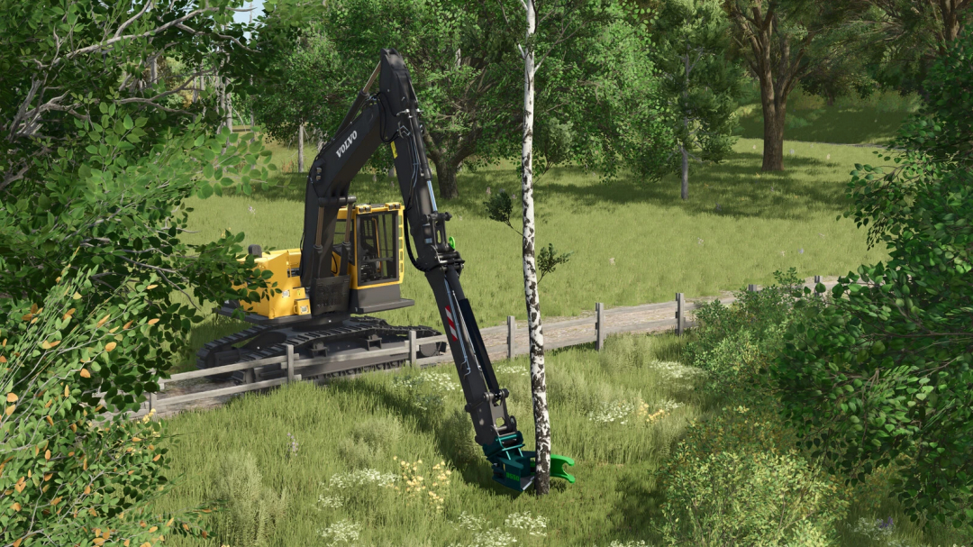 Farming Simulator 25 mod: Volvo tree shears attachment pruning a tree in a lush farm landscape.