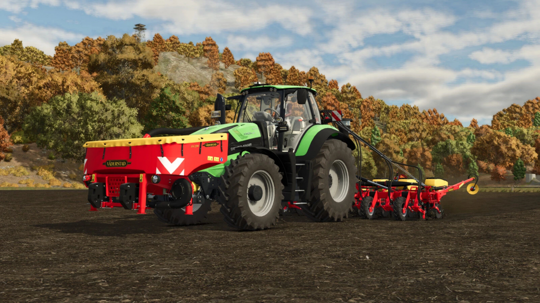 Farming Simulator 25 mod: Green tractor with Väderstad Tempo VTP V8 / FH 2200 seeder attachment on a plowed field, autumn background, high detail.