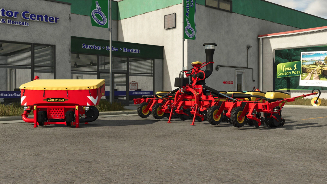 Farming Simulator 25 mods: Väderstad Tempo VTP V8 and FH 2200 precision seeders outside a service center.