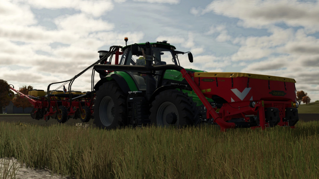 Farming Simulator 25 mod: Väderstad Tempo VTP V8 / FH 2200, a large agricultural seeder attached to a green tractor in a field.