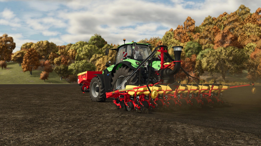 Farming Simulator 25 mod: tractor with Väderstad Tempo VTP V8 and FH 2200 seed drill, working on a field with autumn trees in the background.