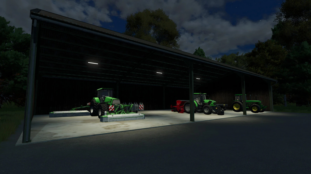 Farming Simulator 25 mods: Night view of a wooden shed with green tractors and farming equipment inside.