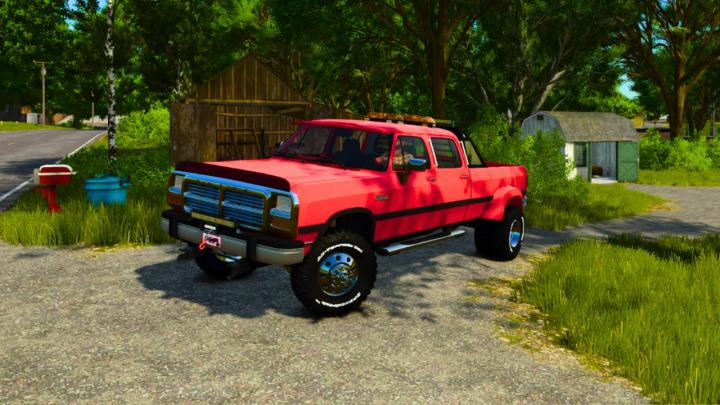fs25-mods,  Farming Simulator 25 mod featuring a red 1992 Dodge Ram D 250 Crew Cab pickup truck parked on a rural farm setting.