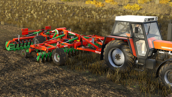 fs25-mods,  Farming Simulator 25 mod: tractor pulling a red and green AgroMasz BTC 50h cultivator on farmland, realistic agricultural equipment.