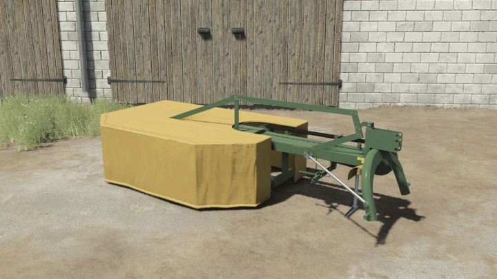 fs25-mods, Farming Simulator 25 mod: Agromet Famarol z-105/1 horizontal mower attachment on a dirt surface near farm buildings.