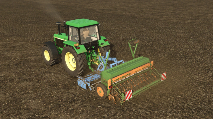 fs25-mods, Farming Simulator 25 mod: Green tractor with Amazone D8 30 super seed drill working on a plowed field.