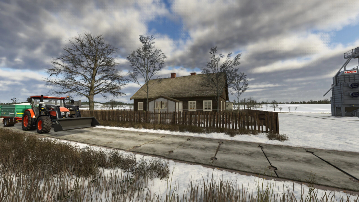 fs25-mods, Farming Simulator 25 mod scene with a tractor and concrete plate in a snowy rural landscape.