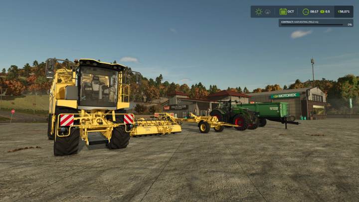 fs25-mods,  Farming Simulator 25 mod showcasing custom mission vehicles, including a large yellow tractor and green equipment, in front of a farm building.