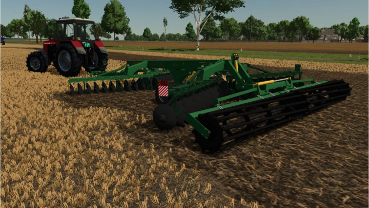 fs25-mods,  Farming Simulator 25 mod: Green DiskoPak 6-01 attached to a tractor in a field.