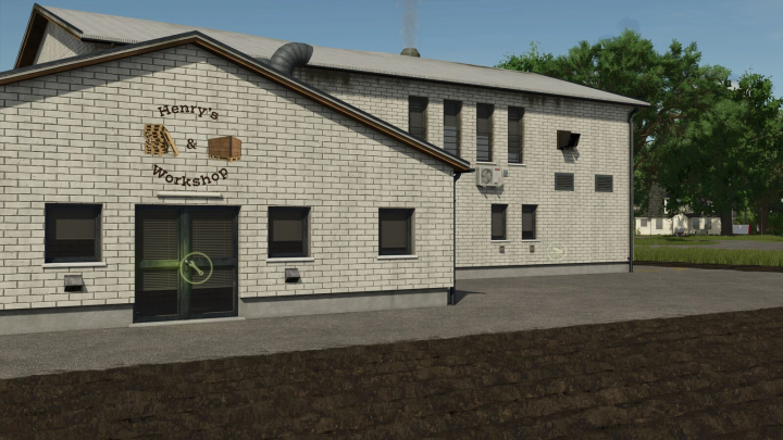 fs25-mods,  Farming Simulator 25 mod: Henry's Workshop building for pallet and box production, with brick exterior and workshop signage.