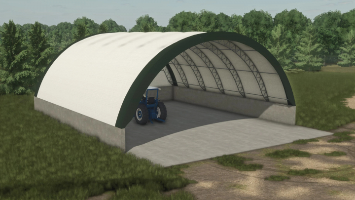fs25-mods, FS25 Bale Hoop Barns v1.0.0.0 mod in Farming Simulator 25, featuring a covered hay storage with a tractor inside, ideal for FS25 mods.