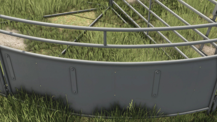 fs25-mods,  Close-up of a cattle working pack in Farming Simulator 25 mods, featuring a metal fence with grass and dirt inside.