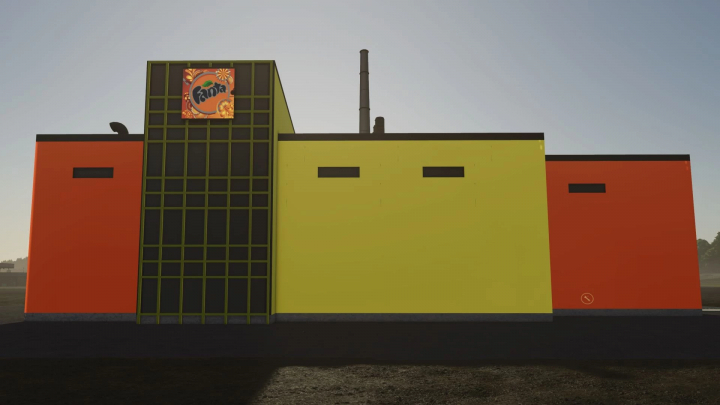 fs25-mods, Fanta production factory in Farming Simulator 25 with colorful orange and yellow building, featuring a Fanta sign, mod for FS25.