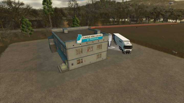 fs25-mods,  Farming Simulator 25 mod image of a dairy farm with a sign 'Zakład Mleczarski w Zielonce' and a milk tanker truck.