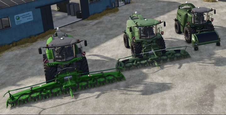 fs25-mods, Farming Simulator 25 mods: Fendt Katana Pack v1.2.0.0, three green Fendt rotary cutters parked outdoors in a farm yard.