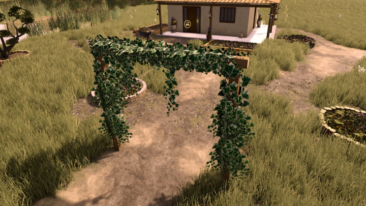 fs25-mods,  Farming Simulator 25 mod: Garden Decoration v1.0.0.0 with a wooden archway and lush greenery, ideal for enhancing farm aesthetics.