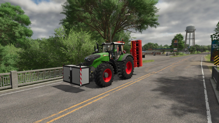 fs25-mods, Farming Simulator 25 mod showcasing a green tractor with a front weight, parked on a rural road.
