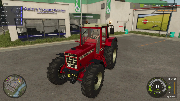 fs25-mods, Farming Simulator 25 mod: IHC 1255/1455XL tractor in front of Axle's Tractor Center, detailed and realistic in-game graphics.