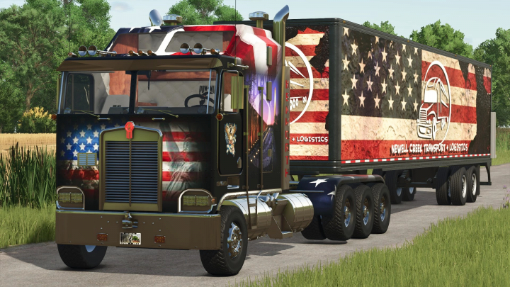 fs25-mods,  Farming Simulator 25 mod featuring a Kenworth K100 American Edition truck with patriotic American flag-themed design and trailer for FS25 mods.