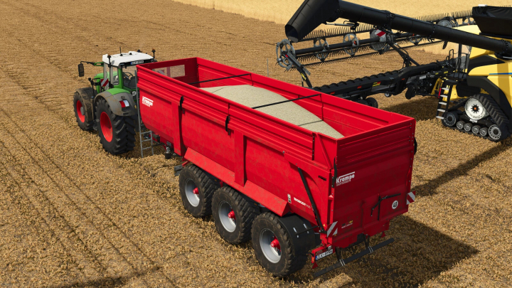 fs25-mods, Farming Simulator 25 mod: Krampe Big Body 8/900 trailer with harvested grain, attached to a tractor in a field.
