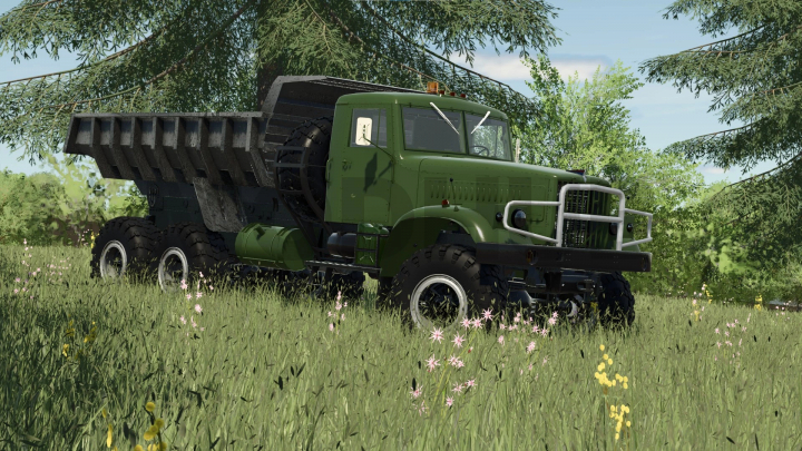 fs25-mods,  Farming Simulator 25 mod: Kraz-255 off-road truck in a grassy field with trees, suitable for FS25 mods.