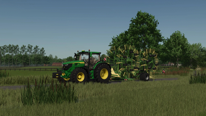 fs25-mods, Farming Simulator 25 mod: Green John Deere tractor with Krone Swadro TC 1370 crop swather attachment in a field.