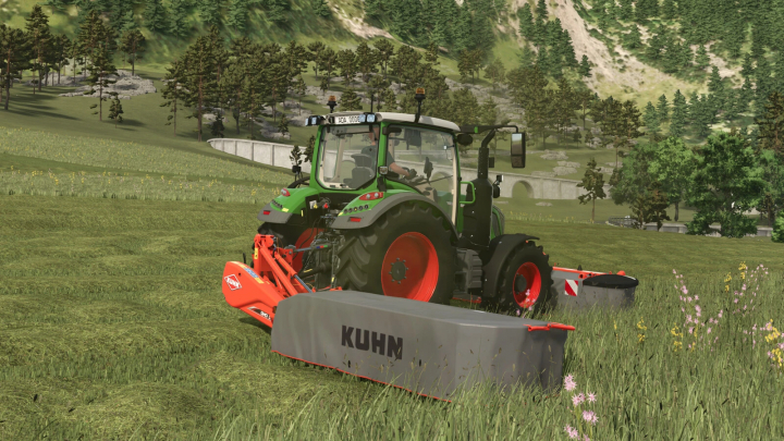 fs25-mods, Farming Simulator 25 mods: Kuhn GMD 100 Pack v1.0.0.0 tractor mowing grass in a lush field.