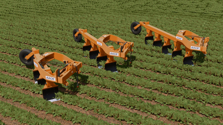 fs25-mods, Farming Simulator 25 mods: three Lizard AACR2 cultivator attachments on a crop field in Farming Simulator 25.