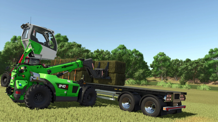 fs25-mods, Farming Simulator 25 mod: Green Sennebogen 340 G forestry crane on a flatbed trailer with hay bales, in a scenic farm landscape.