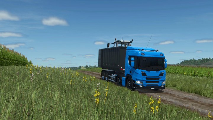fs25-mods, Farming Simulator 25 mod: Blue truck with Lizard NTG P320 Roll-On near a dirt road in a rural field.