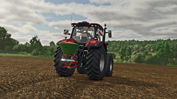 fs25-mods, Farming Simulator 25 mod: Lizard S300 Broadcast Seeder attached to a tractor in the field.