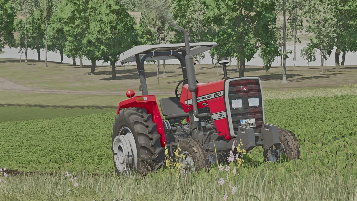 fs25-mods,  Farming Simulator 25 mod: Massey Ferguson 265 tractor on a farm field with green grass and trees in the background.