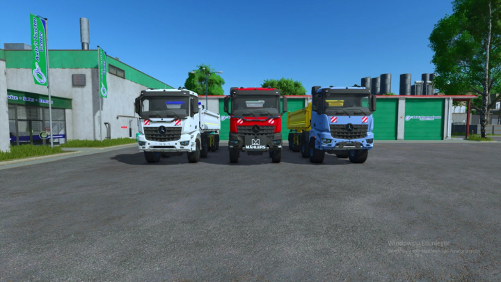 fs25-mods,  Farming Simulator 25 mods: Mercedes Arocs 8x8 trucks in front of a repair shop, showcasing FS25 mods in a farming environment.