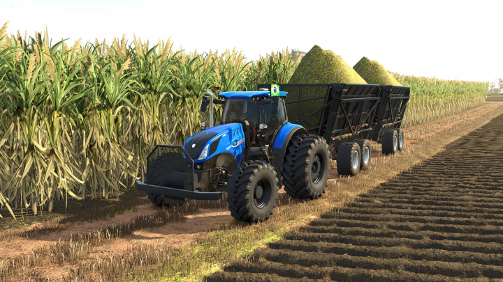 fs25-mods,  Farming Simulator 25 mod: blue New Holland T7 HD Edition tractor pulling a grain trailer in a cornfield.