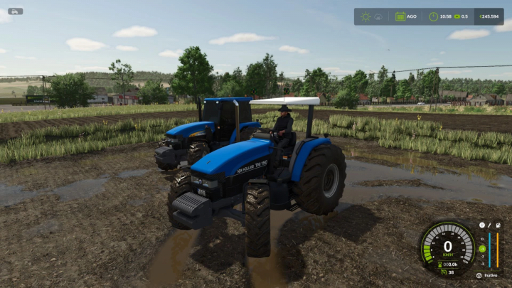 fs25-mods, Farming Simulator 25 mod: New Holland TM v1.0.0.0 tractor driving through muddy field.