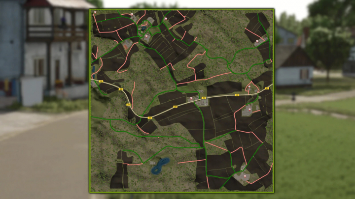 fs25-mods,  Map overview of Farming Simulator 25, featuring roads and fields, highlighting the Oberschwaben v1.0.0.2 mod from FS25 mods.