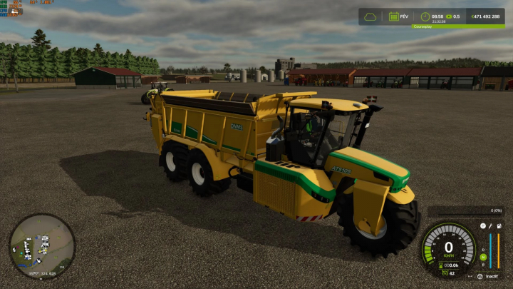 fs25-mods,  Farming Simulator 25 mod: Yellow and green Oxbo AT5105 Edit tractor with seed drill attachment in a farm yard.