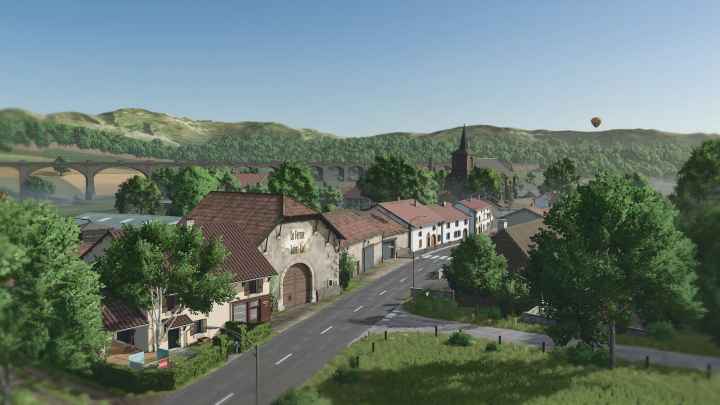 fs25-mods,  Scenic village scene from Farming Simulator 25 with lush greenery, traditional houses, a church, and distant hills under a clear sky, featuring FS25 mods.