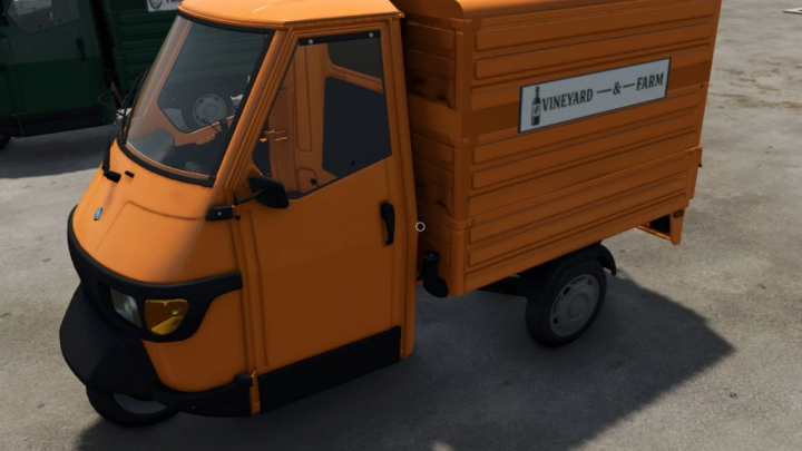 fs25-mods, Orange Piaggio Ape 50 van mod from Farming Simulator 25, featuring a wooden cargo bed with Vineyards & Farm logo, suitable for FS25 mods.