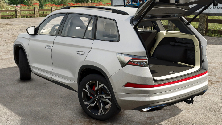 fs25-mods,  Silver SUV with open trunk in Farming Simulator 25 showing the Skoda Kodiaq RS Plus v1.0.0.0 mod, a detailed vehicle mod for FS25.