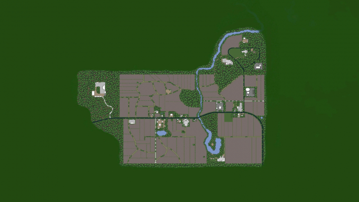 fs25-mods, Map of Starowies in Farming Simulator 25 showing fields, forests, rivers, and buildings, ideal for FS25 mods enthusiasts.