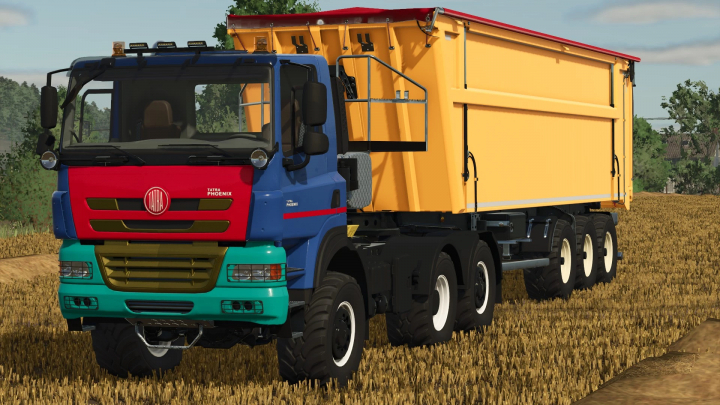 fs25-mods, Farming Simulator 25 mod: Tatra Phoenix 6x6 Agro Plus truck with yellow trailer in a farm field.