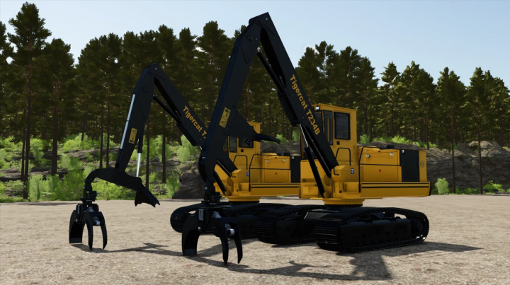 fs25-mods, Farming Simulator 25 mod: Tigercat T234B forestry machine with robotic arms, tracked chassis, in a wooded environment.