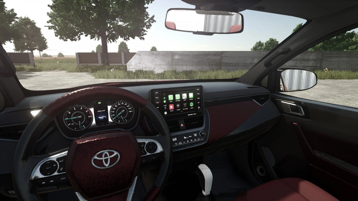 fs25-mods,  Interior view of a Toyota Hilux Invincible 2021 mod in Farming Simulator 25, showing dashboard, steering wheel, and in-game environment.