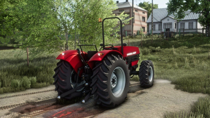 fs25-mods,  Farming Simulator 25 mod: UTB 453 DTP tractor on a dirt road with houses and trees in the background, showcasing realistic farming equipment.