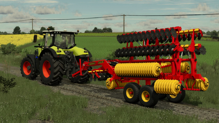 fs25-mods, Farming Simulator 25 mod: Väderstad Carrier 820 attached to a tractor on a farm field.